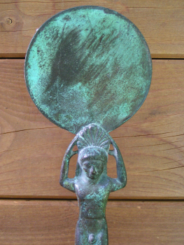 Hand mirror antique bronze erotic motif, 27 cm, 850 g