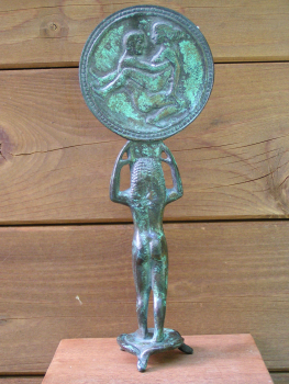 Hand mirror antique bronze erotic motif, 27 cm, 850 g