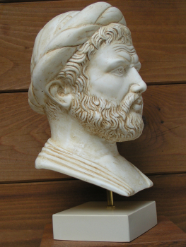 Pythagoras, Mathematiker, Mystiker, Vegetarier,  27 cm, 2,4 kg, beiger Kunstmarmorsockel