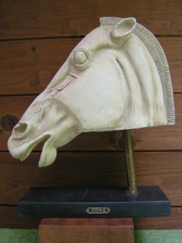 Pferdehaupt von der Akropolis, Elgin Marble,  36 cm hoch, 32 cm breit, 6,8 kg, schwarzer Marmorsockel