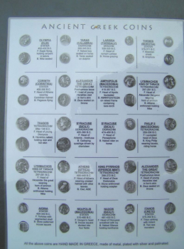 Münztableau mit 20 altgriechischen Drachmen, Didrachmen, Statern, Tetradrachmen, Dekadrachmen