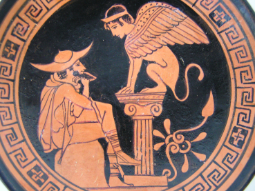 Oedipus and Sphinx-Kylix red figured Museum Vatican, handpainted, 16,2 cm diameter, 5,3 cm high, 300 g