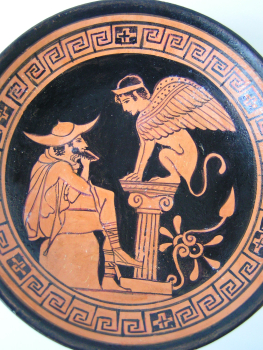 Oedipus und Sphinx-Kylix, handbemalt, 16,2 cm, 5,3 cm Höhe, 0,3 kg