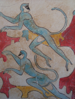 Blue Monkeys from Akrotiri, handpainted fresco, replica, 16 x 12 cm