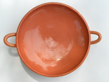 Gebrauchsfähige Trinkschale (Kylix), vollständig glasiert, Terrakotta, 28 cm Durchmesser