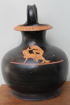 Oinochoe, wine jug, erotic motif, Antikensammlung Berlin, hand-painted, 15,6 cm height, 11 cm width, 500 g weight