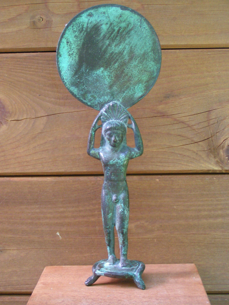 Handspiegel Bronze, Rückseite erotisches Motiv, 27 cm, 850 g