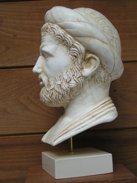 Pythagoras, Mathematiker, Mystiker, Vegetarier,  27 cm, 2,4 kg, beiger Kunstmarmorsockel