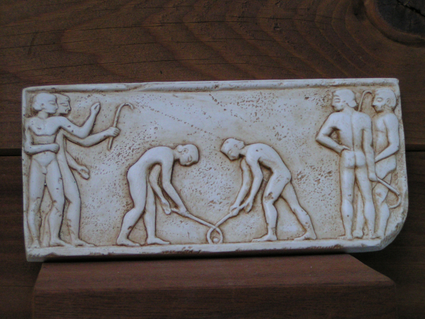 Young men playing hockey  relief replica, 10 x 21 cm, 0,3 kg