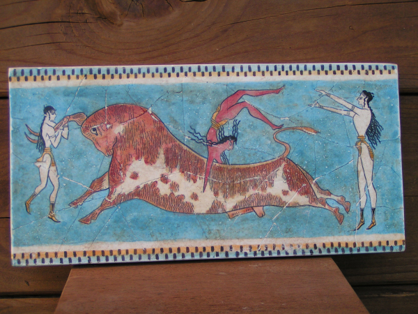 Stiersprung-Fresko aus dem Knossos-Palast Kreta, handbemalt, 23,8 cm x 11,7 cm, 500 g, zum Aufhängen