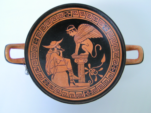 Oedipus und Sphinx-Kylix, handbemalt, 16,2 cm, 5,3 cm Höhe, 0,3 kg