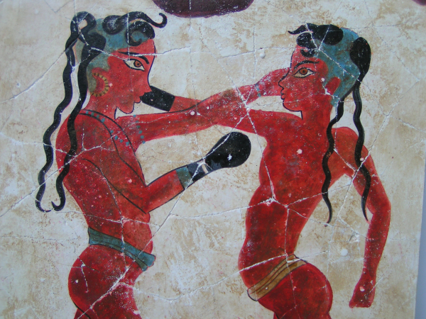 Boxende Knaben-Fresko aus Thera, handbemalt, 33,8 x 22,9 cm, 0,8 kg