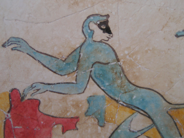 Blue Monkeys from Akrotiri, handpainted fresco, replica, 16 x 12 cm