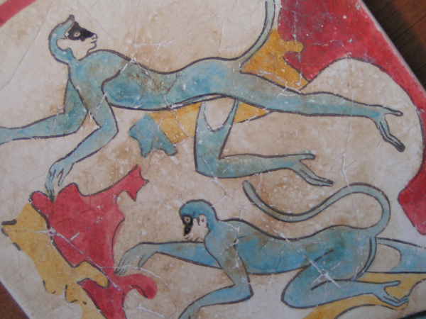 Blue Monkeys from Akrotiri, handpainted fresco, replica, 16 x 12 cm