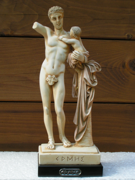 Hermes mit Dionysosknaben-Statue 27 cm, 1,1 kg, schwarzer Marmorsockel