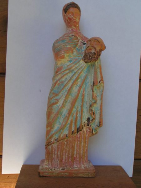 Tanagra-Statuette mit Satyr-Theatermaske, 24,9 cm x 8,4 cm, 600 g