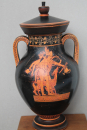 Lid amphora, Satyr Oreimachos and Hermes, Antikensammlung Staatl. Museen Berlin, hand-painted, 27 cm high, width 13.6 cm, 900 g weight